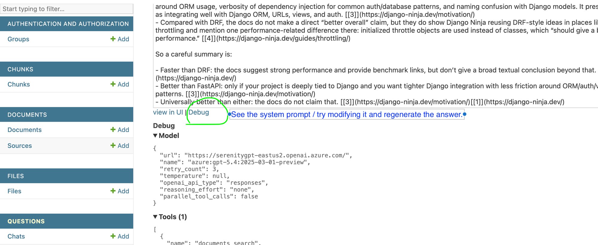 Debug view