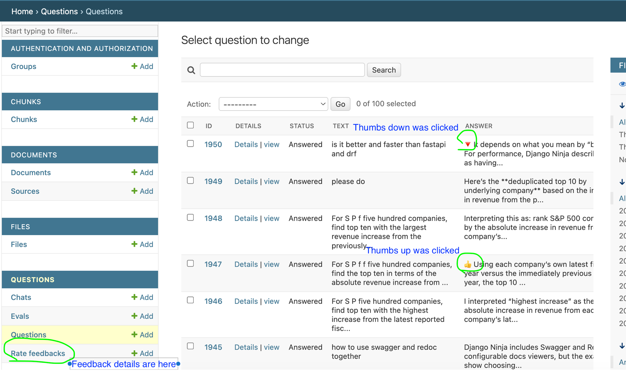 Feedback and ratings in the question list
