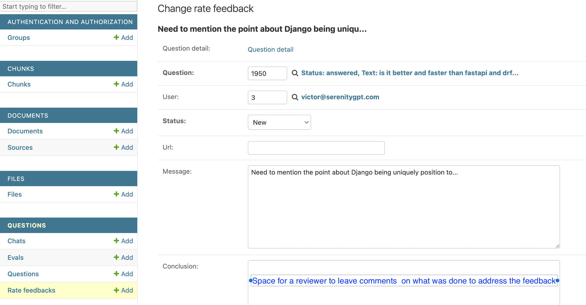 Reviewing a feedback entry